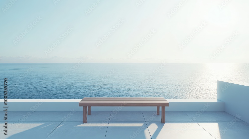Fototapeta premium Mock up frame of a minimalist balcony overlooking the sea, with a sleek wooden bench, soft sunlight, and the horizon in the background