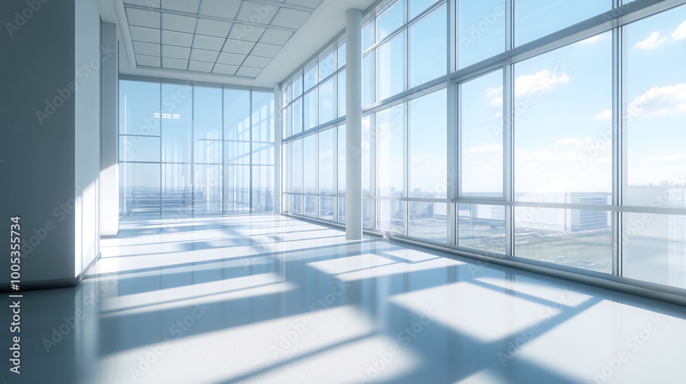 Fototapeta premium Modern office space with panoramic windows overlooking a city skyline.