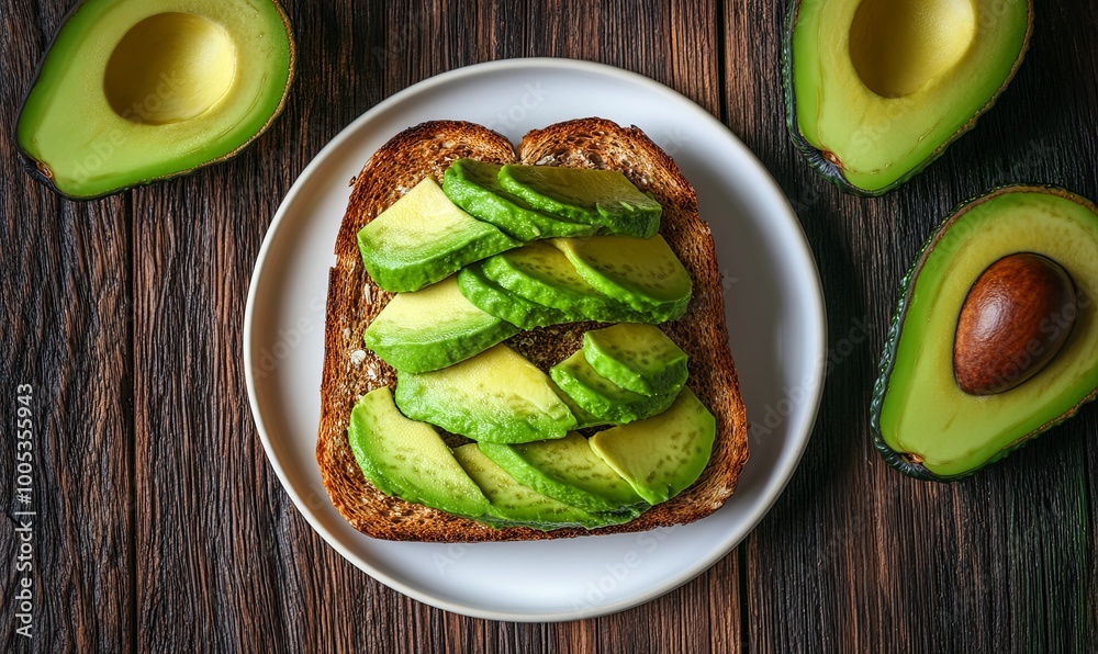 Avocado toast on a white plate with two avocado halves on a rustic wooden table. Avocado toast on a white plate with two avocado halves on a rustic wooden table.