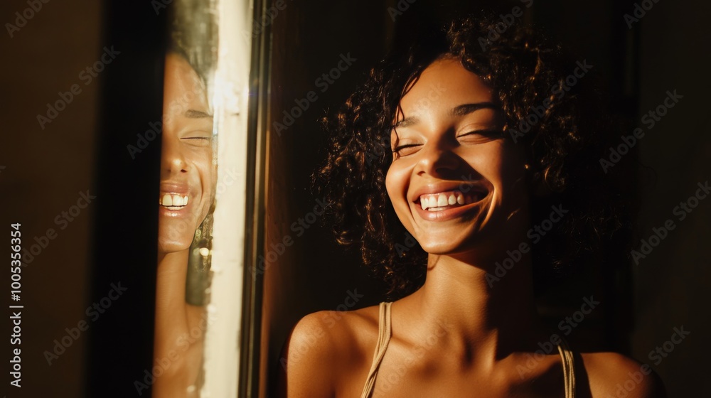 A young woman with curly hair is smiling brightly as she looks at her reflection in a mirror.