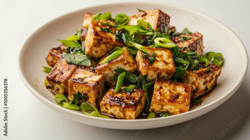 Delicious tofu with green onions garnish Delicious tofu with green onions garnish