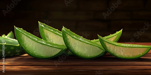 Close-up of five aloe vera slices on a wooden surface.
