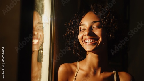 Obraz na płótnie A young woman with curly hair is smiling brightly as she looks at her reflection in a mirror. w salonie