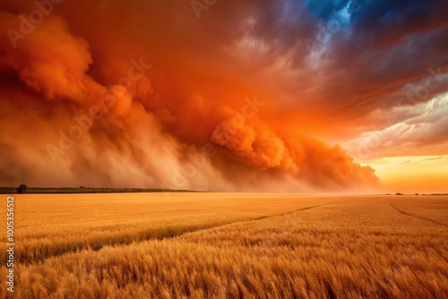 Red dust storm over wheat field with orange sky