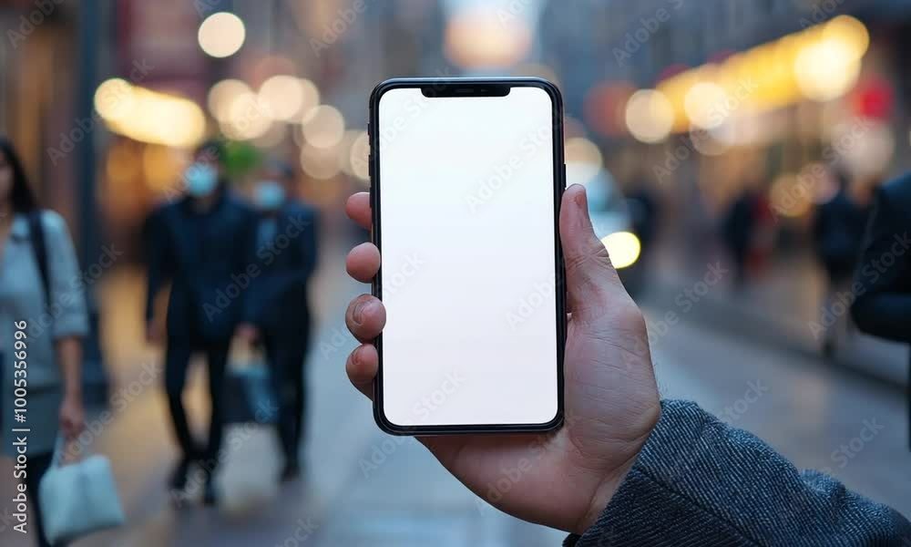 Close-up photo of a businessman's hand holding a smartphone with a blank white screen Close-up photo of a businessman's hand holding a smartphone with a blank white screen