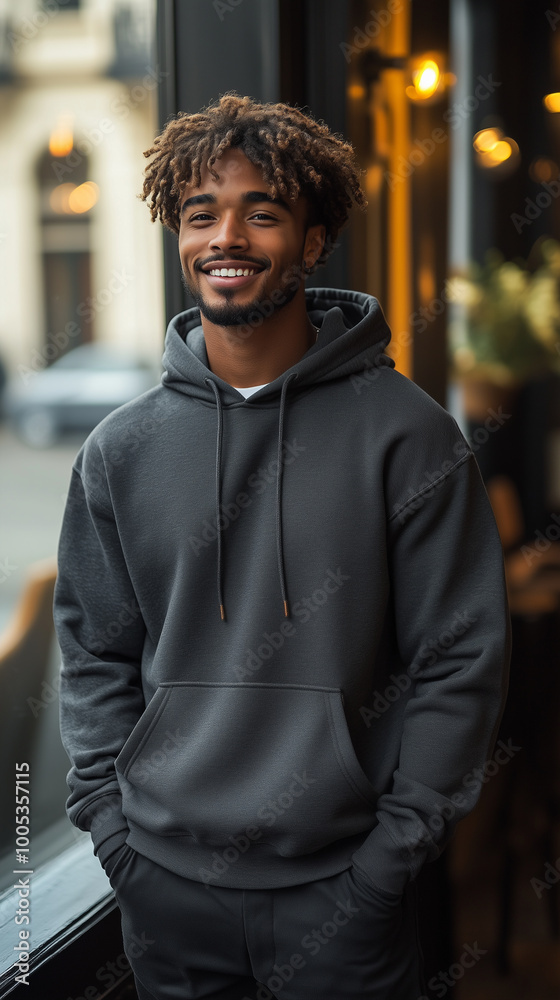 Fototapeta premium Male Model in Charcoal Streetwear Hoodie with Industrial-Chic Backdrop
