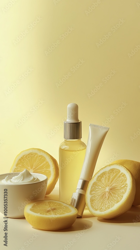 Lemon skincare products with fresh lemon slices on a yellow background. Lemon skincare products with fresh lemon slices on a yellow background.