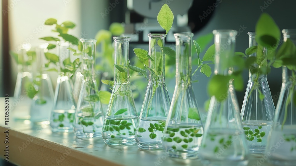 A laboratory bench filled with Erlenmeyer flasks holding pea plants, representing scientific experimentation and botanical studies A laboratory bench filled with Erlenmeyer flasks holding pea plants, representing scientific experimentation and botanical studies