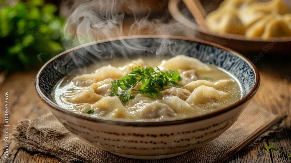 Steaming bowl of dumpling wonton soup with herbs