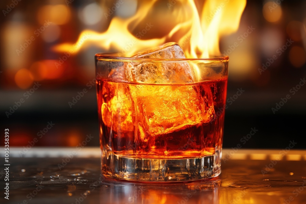 front view of old-fashioned glass with cold alcoholic drink and a piece of ice on steel bar surface and fire flame at it with generative ai front view of old-fashioned glass with cold alcoholic drink and a piece of ice on steel bar surface and fire flame at it with generative ai