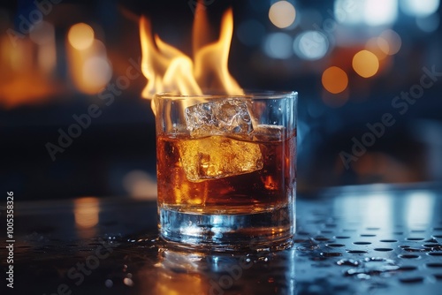 front view of old-fashioned glass with cold alcoholic drink and a piece of ice on steel bar surface and fire flame at it with generative ai