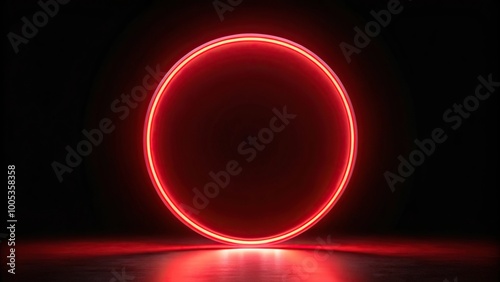 Red neon circle steel light on black background with forced perspective