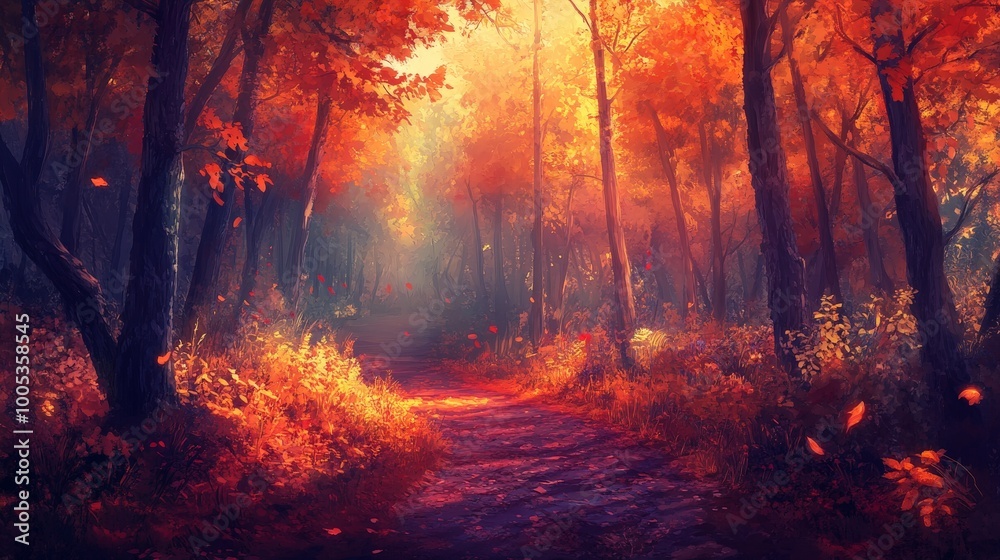 Naklejka premium A magical autumn path in a serene forest, where the fiery hues of fall colors create an enchanting and peaceful setting for a relaxing walk