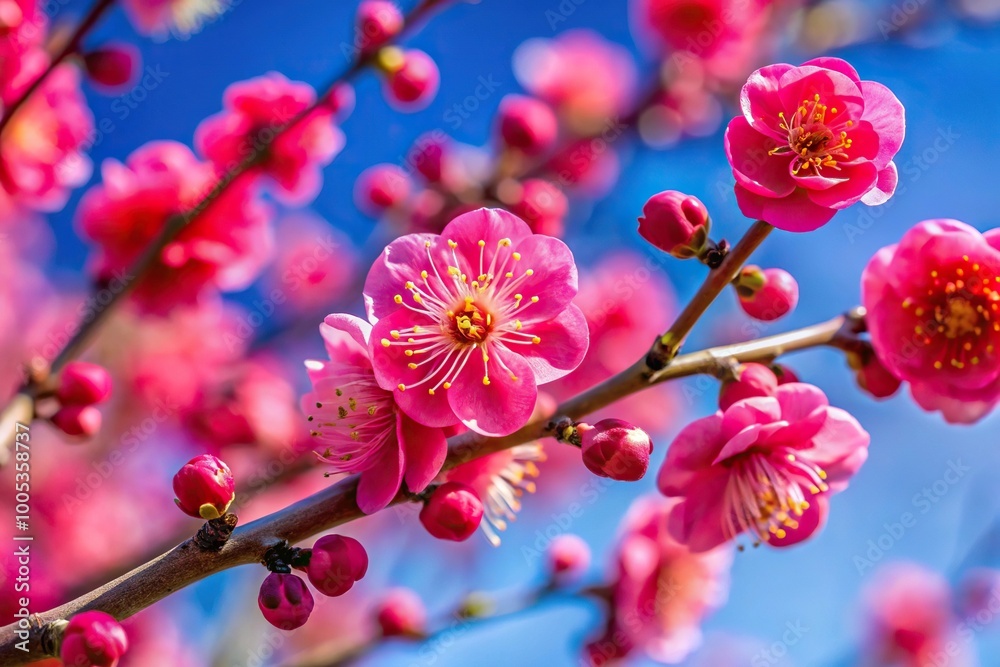 Red plum blossoms blooming under blue sky, Extreme Close-Up Red plum blossoms blooming under blue sky, Extreme Close-Up