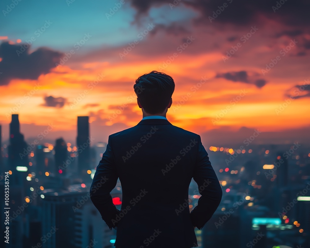Back view of an executive in a suit overlooking the city skyline and skyscrapers at sunset, with a dramatic and colorful sky, symbolizing success Back view of an executive in a suit overlooking the city skyline and skyscrapers at sunset, with a dramatic and colorful sky, symbolizing success