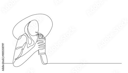 continuous line vector woman enjoying juice.single line woman in hat drinking juice.holiday one line drawing concept