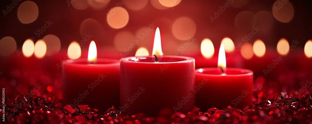 Background filled with red candles and their warm flames, creating a romantic and intimate ambiance with a cozy candlelit glow
