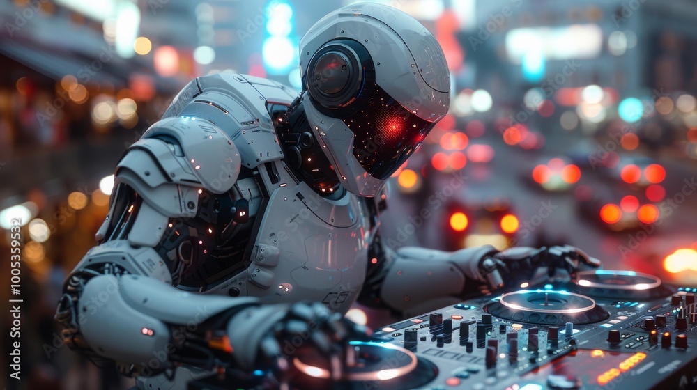 White robot DJ with glowing red eyes mixing on a DJ deck in a city at night. AI generative. . White robot DJ with glowing red eyes mixing on a DJ deck in a city at night. AI generative. .