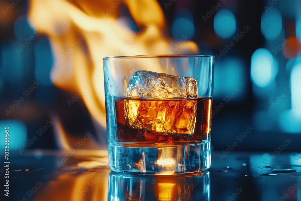 front view of old-fashioned glass with cold alcoholic drink and a piece of ice on steel bar surface and fire flame at it with generative ai front view of old-fashioned glass with cold alcoholic drink and a piece of ice on steel bar surface and fire flame at it with generative ai