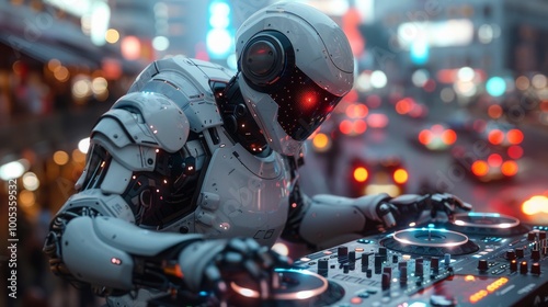 White robot DJ with glowing red eyes mixing on a DJ deck in a city at night. AI generative. .