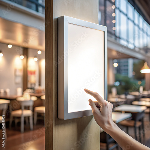 Self service screen mockup. Hand pointing at vertical white blank touch screen kiosk or tablet for food ordering or restaurant menu promotion information advertising design