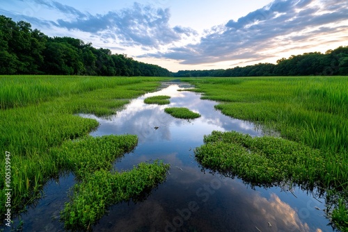 A marshland ecosystem at dawn, where herons, frogs, and dragonflies are active in the early morning light, reflecting the rich biodiversity of the area.