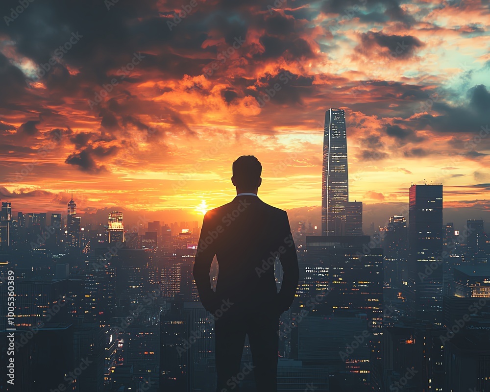 Fototapeta premium City skyline and skyscrapers viewed from the back of a man in a suit, with a dramatic sunset sky, illustrating a successful businessman