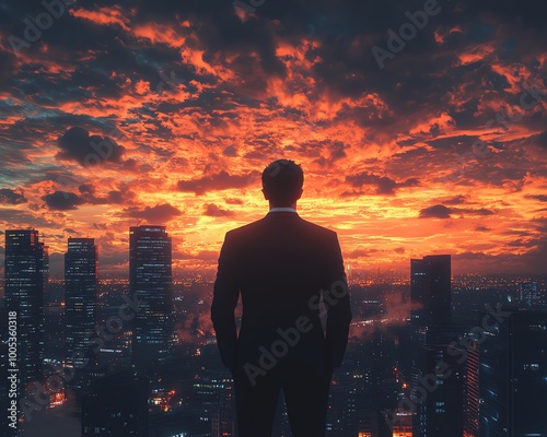 City skyline and skyscrapers viewed from the back of a man in a suit, with a dramatic sunset sky, illustrating a successful businessman