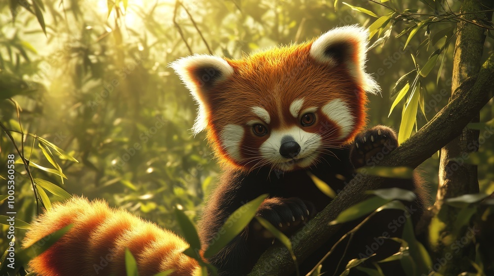 Capture the adorable charm of a red panda in its natural habitat, surrounded by lush bamboo forests, as it playfully climbs trees with its bright reddish-brown fur and bushy tail Capture the adorable charm of a red panda in its natural habitat, surrounded by lush bamboo forests, as it playfully climbs trees with its bright reddish-brown fur and bushy tail