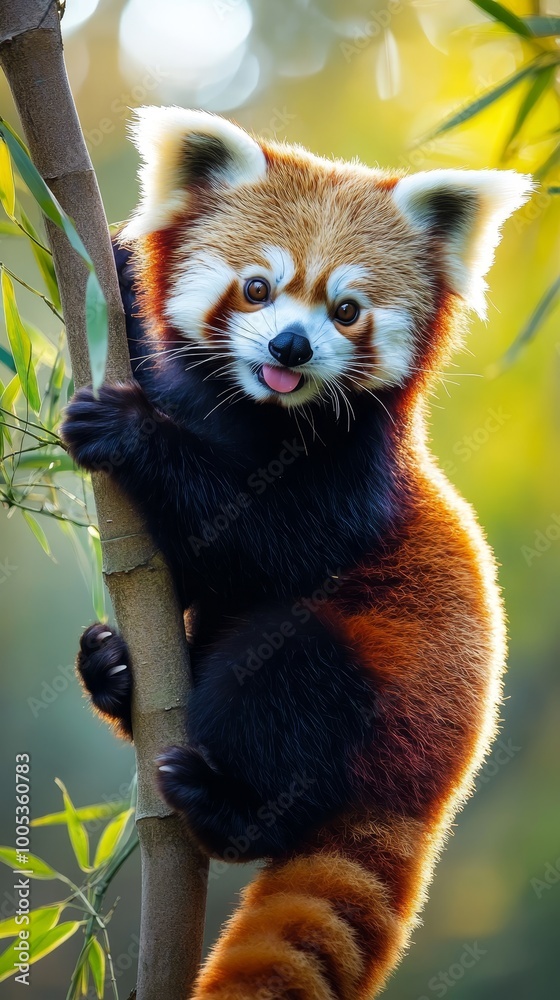 Fototapeta premium Capture the adorable charm of a red panda in its natural habitat, surrounded by lush bamboo forests, as it playfully climbs trees with its bright reddish-brown fur and bushy tail