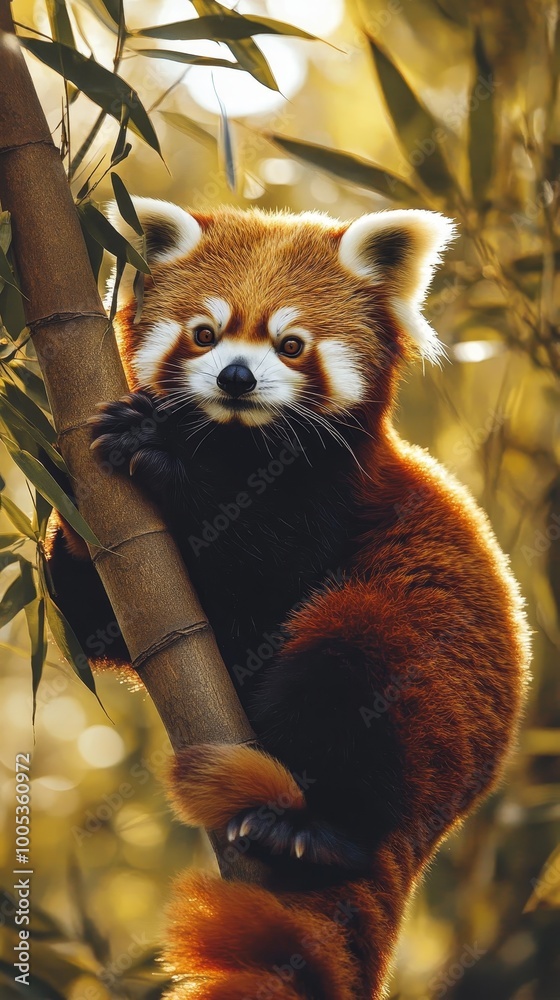Fototapeta premium Capture the adorable charm of a red panda in its natural habitat, surrounded by lush bamboo forests, as it playfully climbs trees with its bright reddish-brown fur and bushy tail