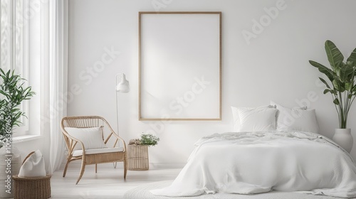 A mockup poster frame adds charm to a bright white bedroom, surrounded by tasteful furnishings and gentle lighting, ideal for displaying your designs