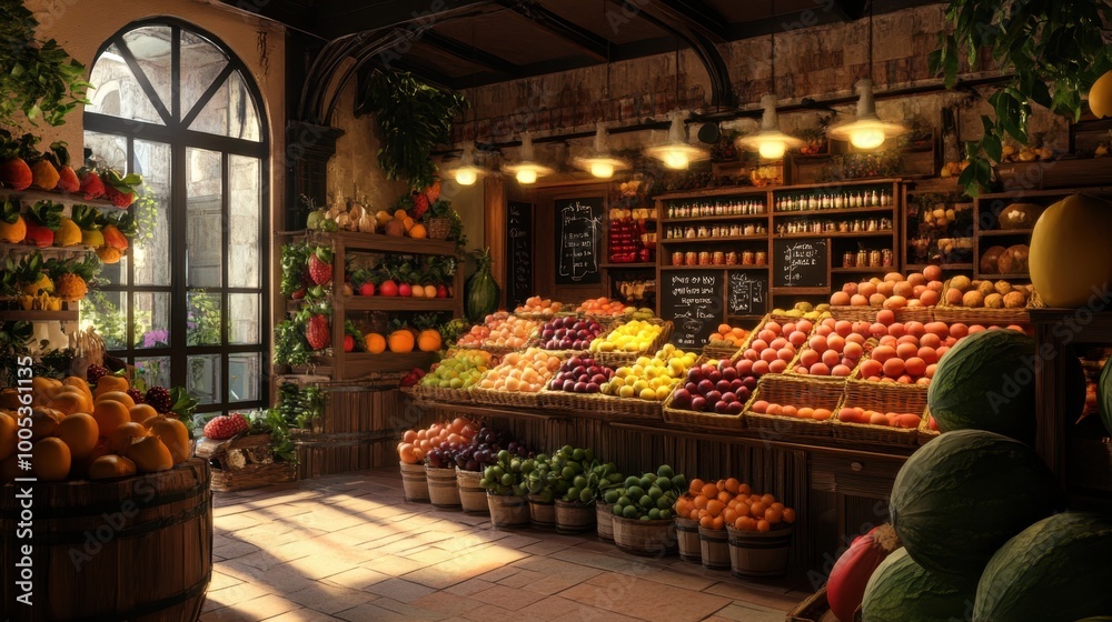 Fototapeta premium A well-lit, detailed fruit shop displaying a variety of fresh fruits, from berries to melons, in a realistic setting.
