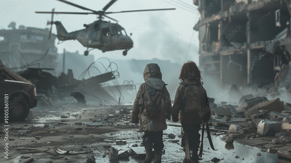 Homeless Children Walking in Destroyed City Amid Military Attack with Soldiers, Helicopters, and Tanks Homeless Children Walking in Destroyed City Amid Military Attack with Soldiers, Helicopters, and Tanks