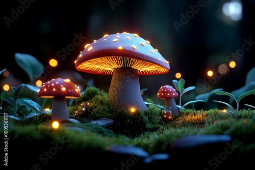 A mystical wilderness forest filled with glowing mushrooms and magical creatures, creating a vibrant, enchanted natural environment.