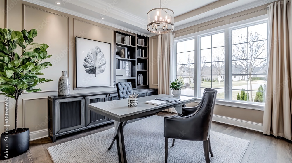 Modern home office with large windows, desk, chairs, and built-in bookshelves. Modern home office with large windows, desk, chairs, and built-in bookshelves.