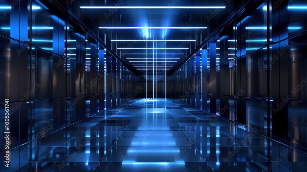 Blue Neon Lights Illuminating a Modern Glass Corridor Blue Neon Lights Illuminating a Modern Glass Corridor