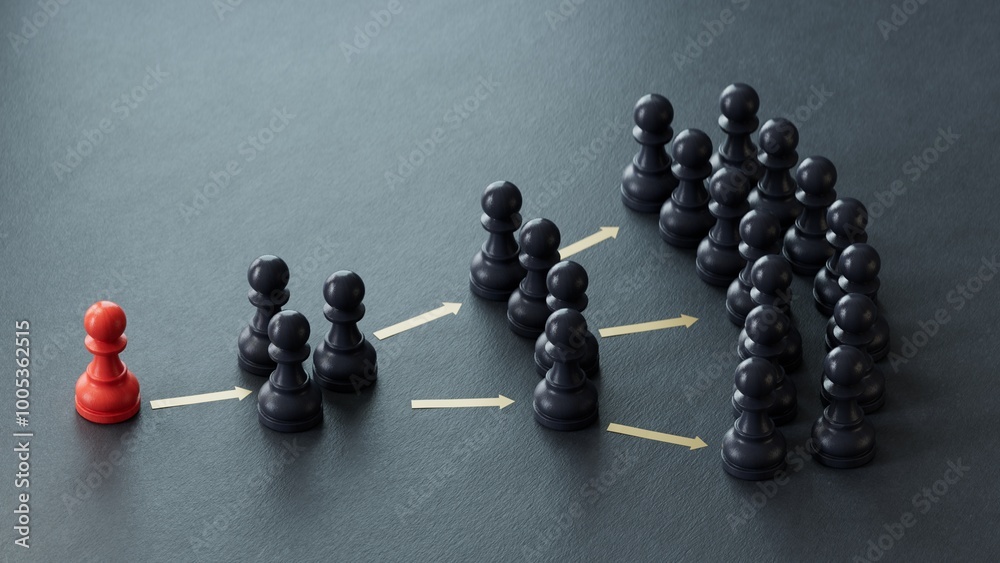 Obraz premium 3D illustration of pawns over black background showing the principle of information and influence propagation in social networks.3D rendering on black background. 