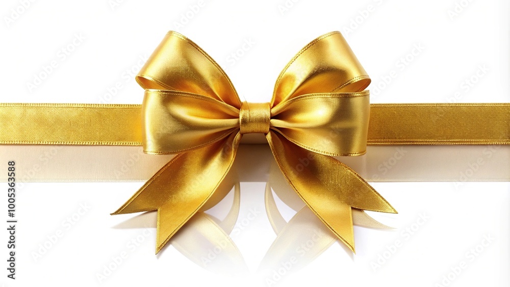 Reflected golden bow with long ribbon on white background Reflected golden bow with long ribbon on white background