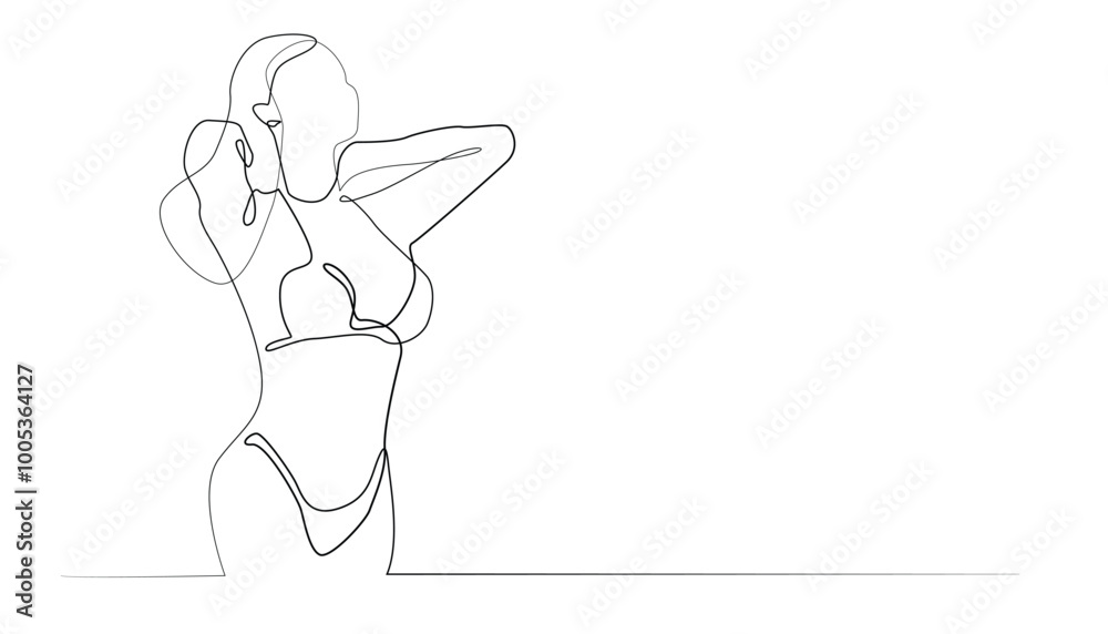 continuous line of beautiful woman's hand in bikini.beautiful curvy woman's body in bikini drawn in one line.isolated white background continuous line of beautiful woman's hand in bikini.beautiful curvy woman's body in bikini drawn in one line.isolated white background
