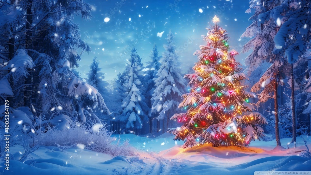 Magical Winter Scene with Christmas Tree and Snow Magical Winter Scene with Christmas Tree and Snow