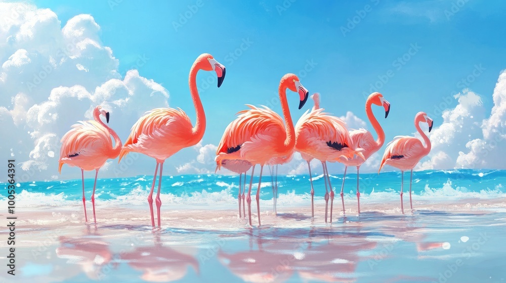 Obraz premium A group of flamingos standing gracefully in shallow water, their pink feathers contrasting beautifully with the blue backdrop of the sky.