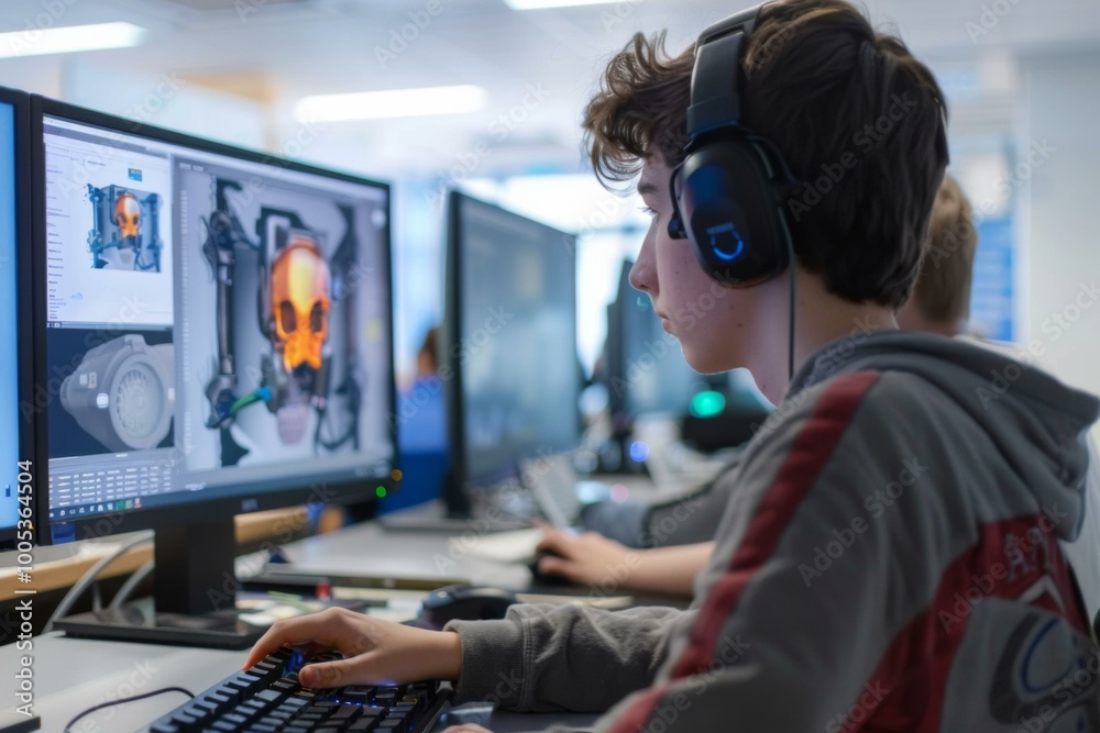 A boy with headphones on playing a video game at the computer. AI. A boy with headphones on playing a video game at the computer. AI.