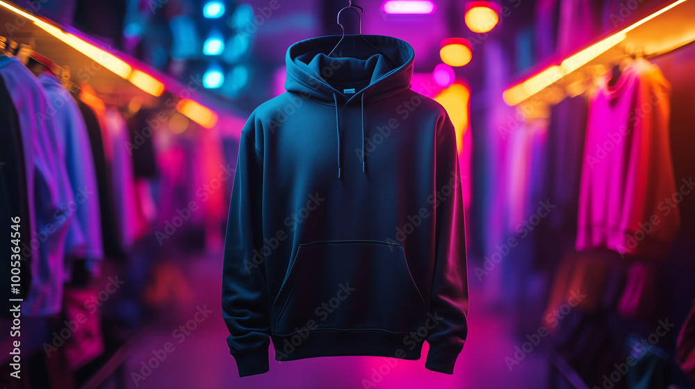 Fototapeta premium Plain Black Hoodie with Vibrant Colorful Clothing Background and Soft Lighting