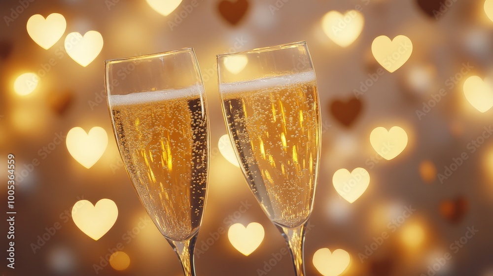 A pair of champagne glasses filled with golden bubbles shines against a heart-patterned background, surrounded by bokeh lights that evoke a warm Valentine's celebration A pair of champagne glasses filled with golden bubbles shines against a heart-patterned background, surrounded by bokeh lights that evoke a warm Valentine's celebration