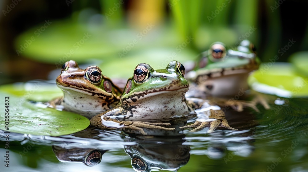A group of frogs basking in the sun on the edge of a pond, with ripples in the water and lush green surroundings. A group of frogs basking in the sun on the edge of a pond, with ripples in the water and lush green surroundings.