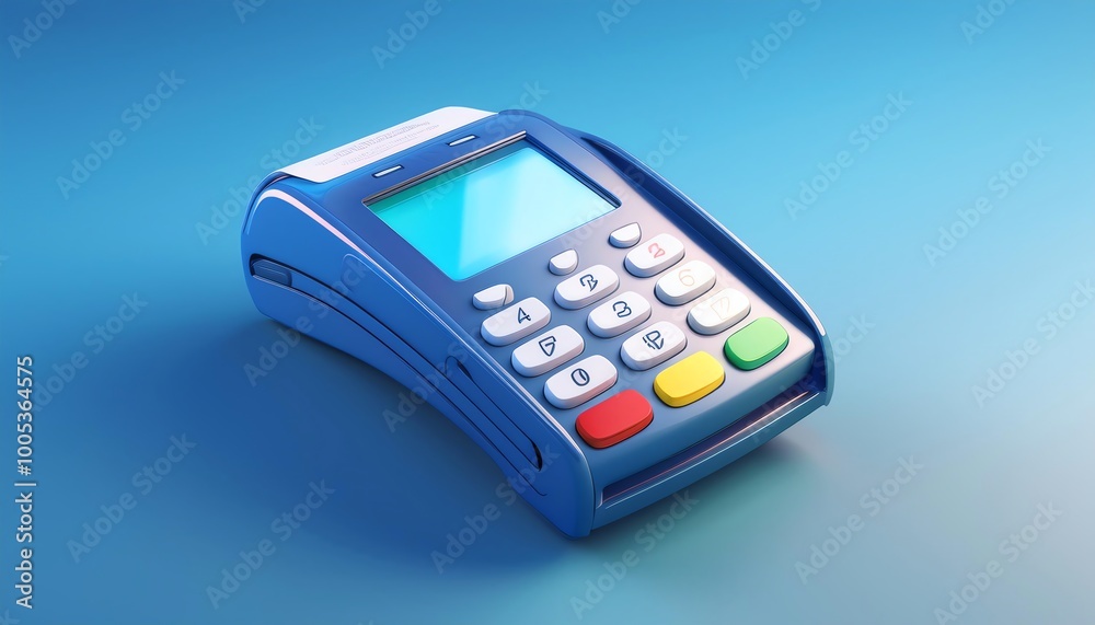A blue payment terminal sits on a smooth surface, featuring buttons for transactions and a digital screen. A blue payment terminal sits on a smooth surface, featuring buttons for transactions and a digital screen.
