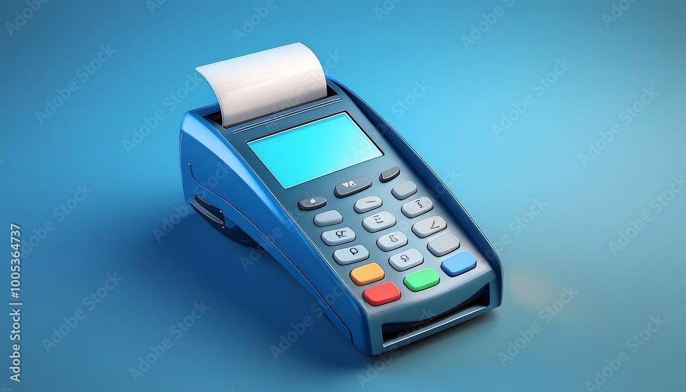 A blue payment terminal with a printed receipt, designed for card transactions and usage in retail environments. A blue payment terminal with a printed receipt, designed for card transactions and usage in retail environments.
