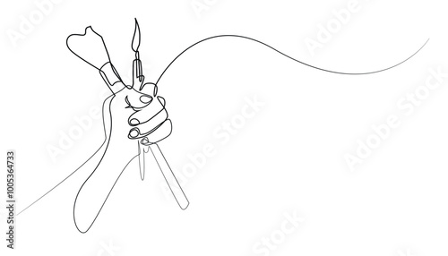 continuous line of hand holding painting brush.vector single line of hand carrying painting supplies.isolated white background