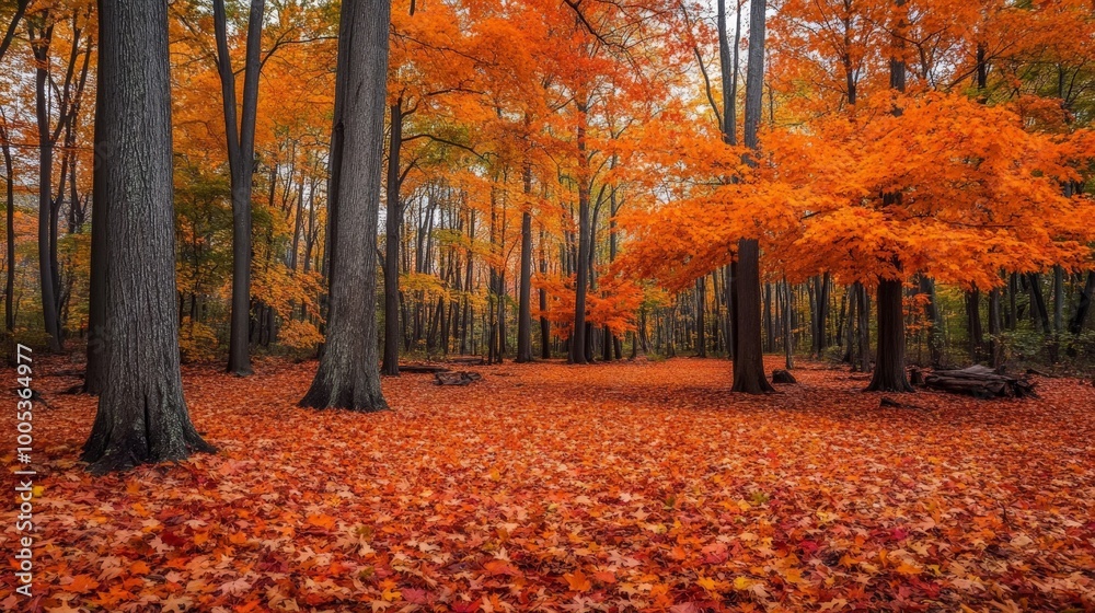 A peaceful forest scene with maple trees, their leaves in full autumn splendor, creating a vibrant and inviting landscape of fall colors A peaceful forest scene with maple trees, their leaves in full autumn splendor, creating a vibrant and inviting landscape of fall colors